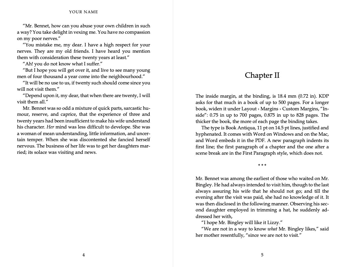 Two facing pages of the 5.5&nbsp;×&nbsp;8.5&nbsp;in template: the author’s name over the left page, and the start of chapter two on the right with no running head.