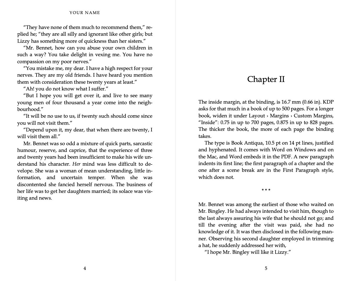 Two facing pages of the 5&nbsp;×&nbsp;8&nbsp;in template: the author’s name over the left page, and the start of chapter two on the right with no running head.