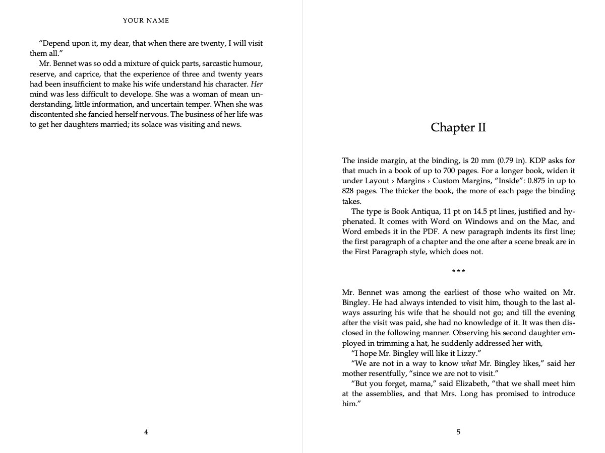 Two facing pages of the 6&nbsp;×&nbsp;9&nbsp;in template: the author’s name over the left page, and the start of chapter two on the right with no running head.