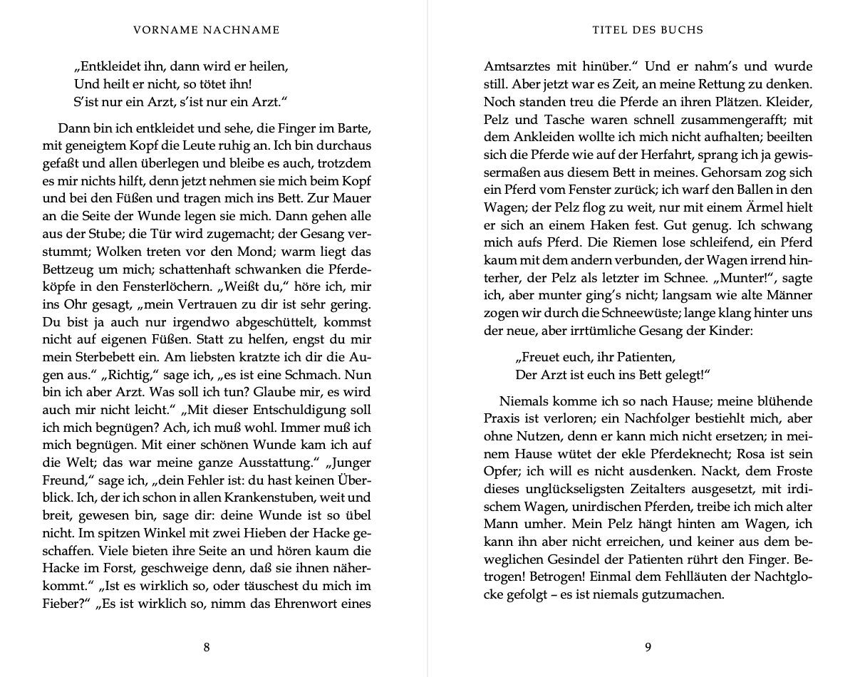 Zwei gegenüberliegende Seiten der Vorlage 12&nbsp;×&nbsp;19&nbsp;cm mit Kafkas „Ein Landarzt“: links der Name über der Seite, rechts der Titel, auf beiden Seiten eingerückte Verse.